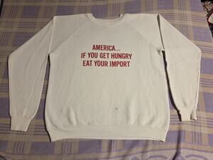 VTG America Hungry Eat Import Buy American USA Flag Humor Sweatshirt 90s Rare